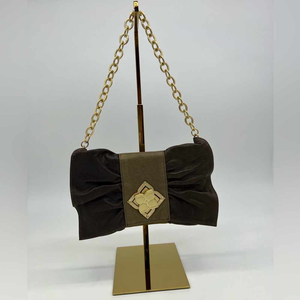 BCBGMAXAZRIA Green Bow Ruched Clutch Evening Bag w/ Gold Chain Logo